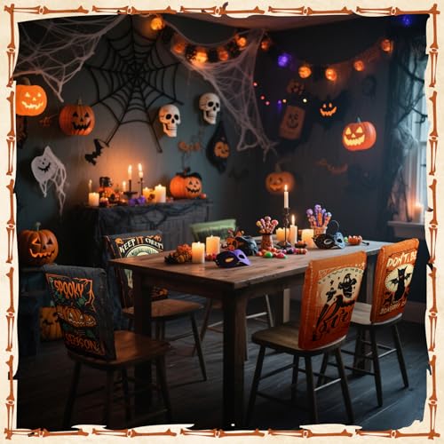 Terrifying Halloween Chair Cover Set - 6 Elastic Backrest Protectors for Dining Chairs - Gothic Skeleton Pumpkin Black Cat Bat Design