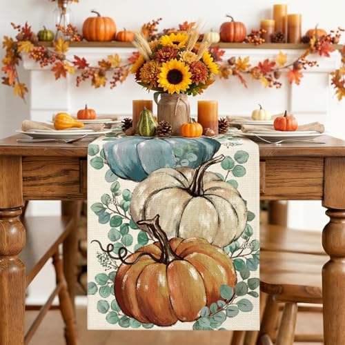 Eucalyptus Fall Pumpkins Table Runner - 13x72 Inch Autumn Thanksgiving Decor