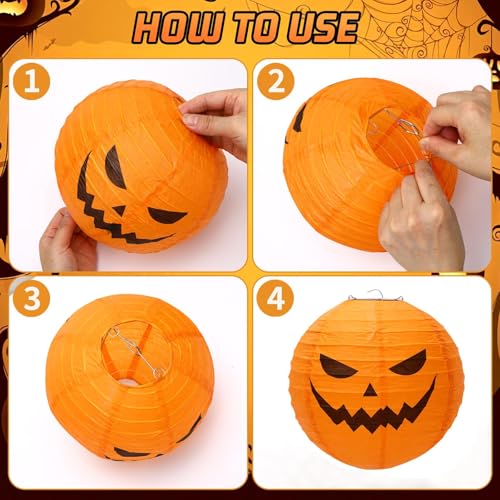 Yellow Halloween Pumpkin Paper Lanterns Set - 12 Pieces, Indoor & Outdoor Decorations
