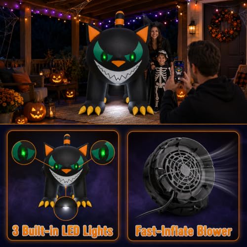 Black 7FT Halloween Inflatable Cat with Moving Head & LEDs - Yard Decor
