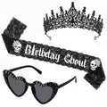 Gothic Birthday Ghoul Decoration Set with Lace Belt & Crown - Black Halloween Party Accessories