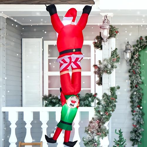 8ft Christmas Inflatable Climbing Santa with Falling Elf & Built-in LED Lights, Outdoor Yard Decor