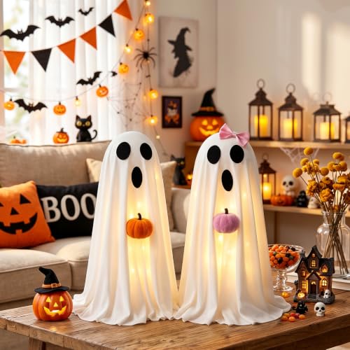 Lighted Ghost Halloween Decorations - Indoor Spooky Spirit Pair with Pumpkins