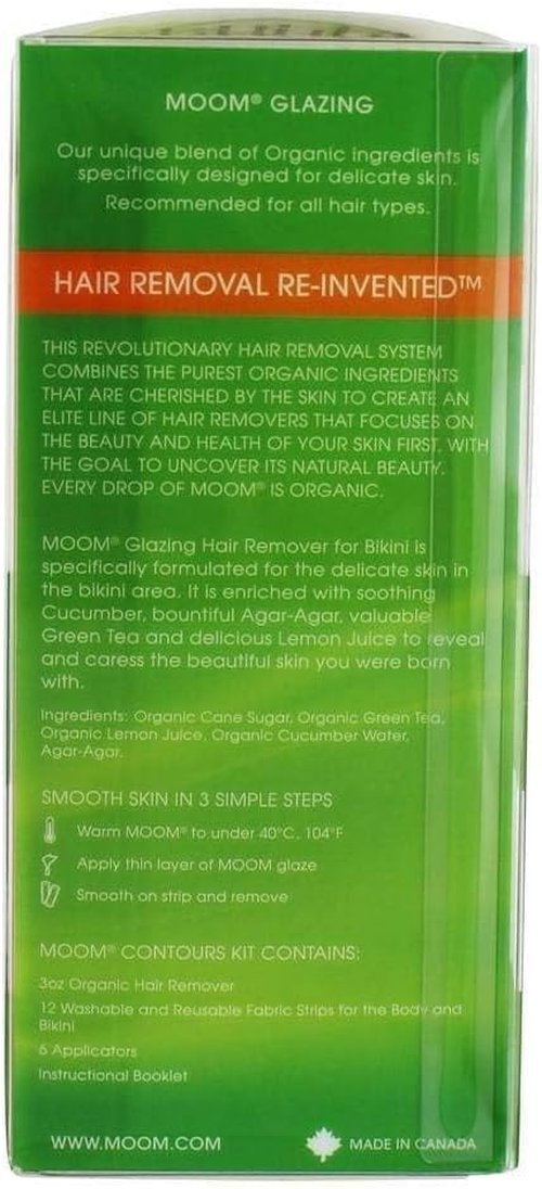 MOOM Organic Hair Removal Wax Kit - Sugar Wax with Cucumber & Green Tea, Body Wax Kit for Bikini & Leg - 3 oz Jar with 18 Reusable Wax Strips & 6 Applicator Sticks - Ideal for Sensitive Skin - 2 Pack
