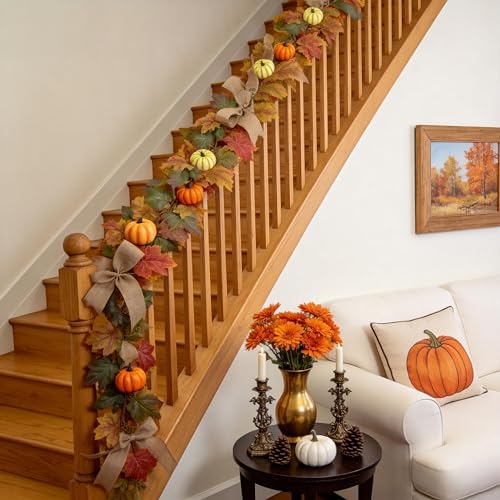Fall Garland with Maple Leaves Pumpkins Burlap Bows Berries 6FT
