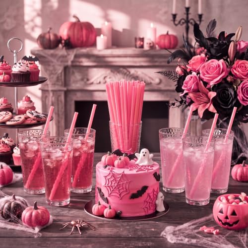 Pink Halloween Pumpkin-Shaped Plastic Straws - 100 Pieces, Party Supplies