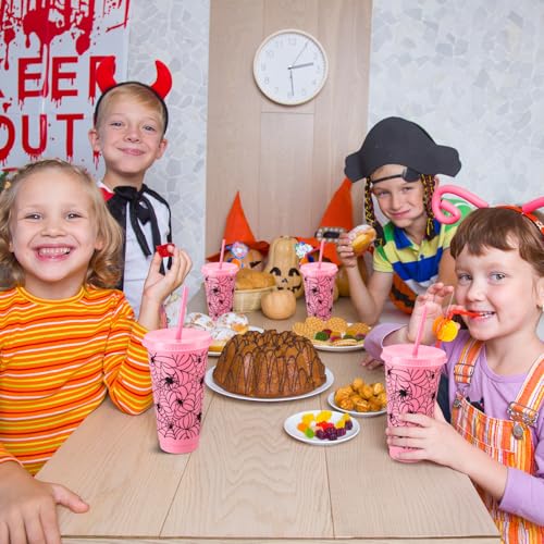 Pink Halloween Spiderweb Plastic Cups Bulk with Lids & Straws - 24 oz, Variation: Spiderweb/Pink