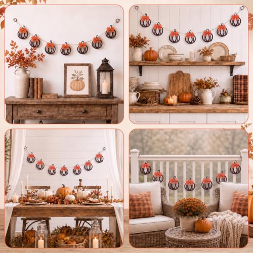 Fall Pumpkin Garland with Rattan Bows - 5 ft Farmhouse Decor, Pumpkin Variation