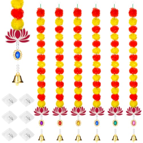 Artificial Marigold Garland with Lotus and Bells - Diwali Festival Decor Set of 6