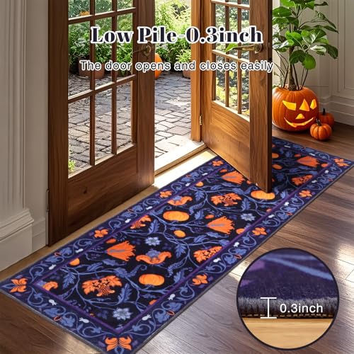 Fall Runner Rug for Hallway 2x6ft - Purple Hello Pumpkin Non Slip Washable Kitchen Entryway Floor Mat