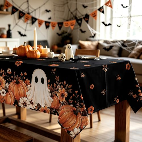 Black Halloween Rectangular Tablecloth 60 x 120 Inch Spooky Ghost Pumpkin Design Washable Indoor Outdoor Decor - Variation of THIS listing