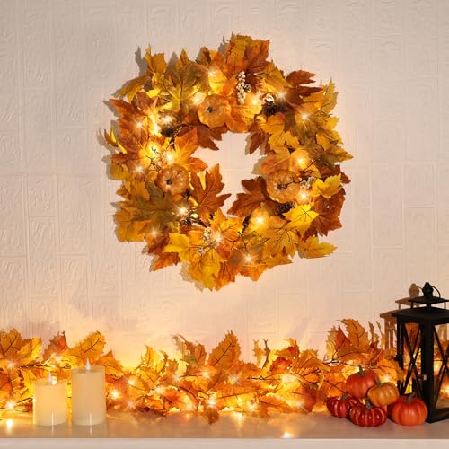 Orange Fall Wreath with Lights for Front Door - Autumn Decor, Berries & Pine Cones
