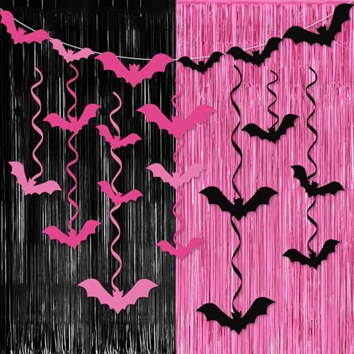 Pink Halloween Party Decorations with Fringe Curtains and Bat Design - Pink & Black Variation
