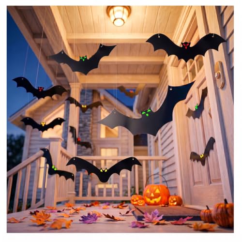 Halloween Hanging Bat Decorations 12-Pack - 3D Flying Plastic Bats for Indoor & Outdoor Yard Lawn Decor