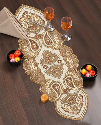 Ivory Gold Beaded Christmas Table Runner - Paisley Handmade Decor 13x36