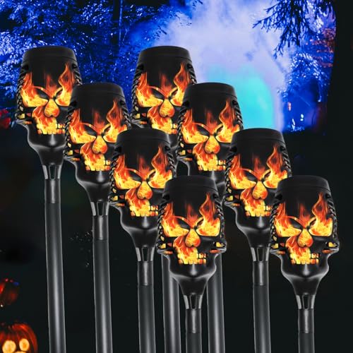 Halloween Solar Skull Stake Lights - Orange 8 Pc Pathway Decor