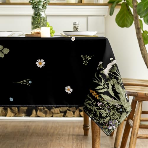 Horaldaily Spring Tablecloth 52 x 70 Inch Rectangular Black & Green Floral