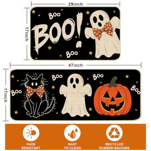 Ghost Halloween Kitchen Rugs Set of 2 with Non-Slip Back - Black Cat Variation
