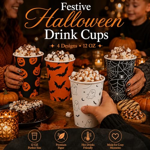 Halloween Paper Cups with Lids 80 Pack 12 oz Coffee Cups - Black Lids & 4 Designs
