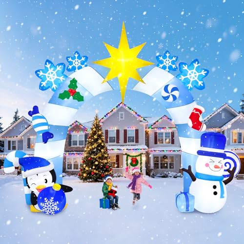 Christmas Blue Snowman Penguin Archway Inflatable - 16FT Winter Holiday Decor with LED Lights - Variation: Blue Snowman Penguin Archway
