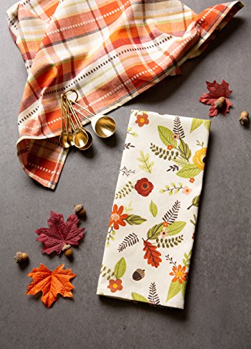 Fall Plaid Dishtowel Set - 2 Cotton Kitchen Towels 18x28 with Floral Design