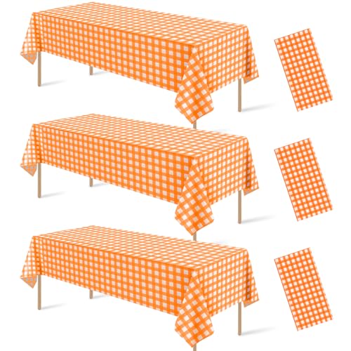 Orange Gingham Tablecloths - 3 Pack, 54x108 Inches, Fall & Holiday Decor - Variation of Orange / 3