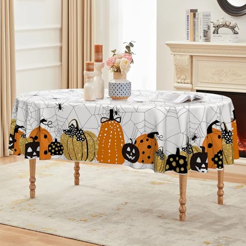 Horaldaily Halloween Tablecloth 60 x 84 Inch Oval Jack-O-Lantern Pumpkin White