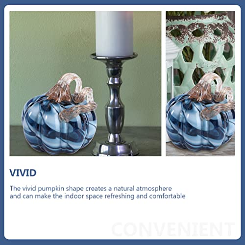 Blue Glass Pumpkin Tabletop Decor Hand Blown Fall Thanksgiving Halloween Ornament