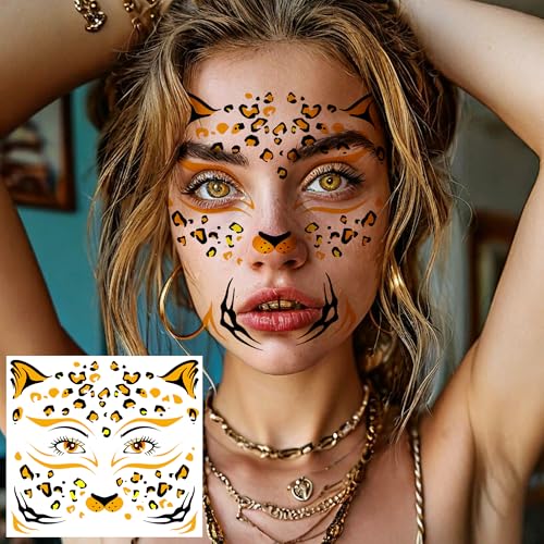 Gold Leopard Metallic Temporary Tattoos Set - Face & Body Glitter Stickers, Halloween & Cosplay