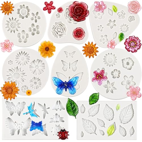 Silicone Fondant Flower Molds Set of 8 for Cake Decorating & Crafting