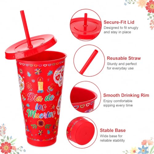12 Pack Reusable Plastic Day of the Dead Cups with Lids & Straws, 24 oz Fiesta Design