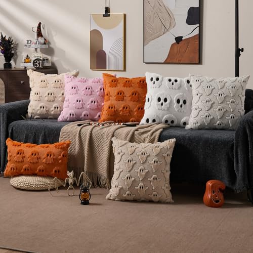 Halloween Pillow Covers 20x20 Inch Set of 2 White Skeletal Decor Plush Faux Fur