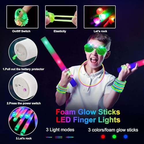 Glow in the Dark Party Supplies Set with Foam Sticks LED Glasses & Finger Lights