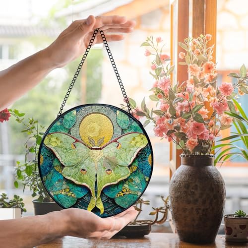 Green Luna Moth Suncatcher Stained Glass Window Hanging - Wall Art Decor, 7.9 Inch