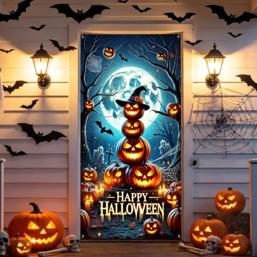 Halloween Door Cover Pumpkin 80x36 Inch Scary Front Door Banner Polyester Fabric