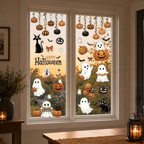 Halloween Window Clings Set - Cute Ghost Pumpkin Black Cat Decorations