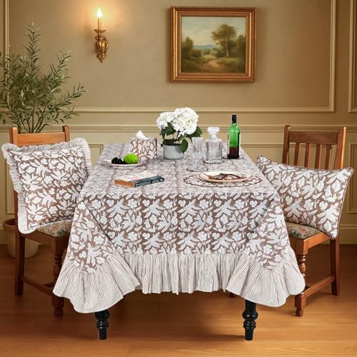 Ridhi Oak Brown Ruffle Hand Block Print Cotton Tablecloth 60x120 Inches - Rectangular