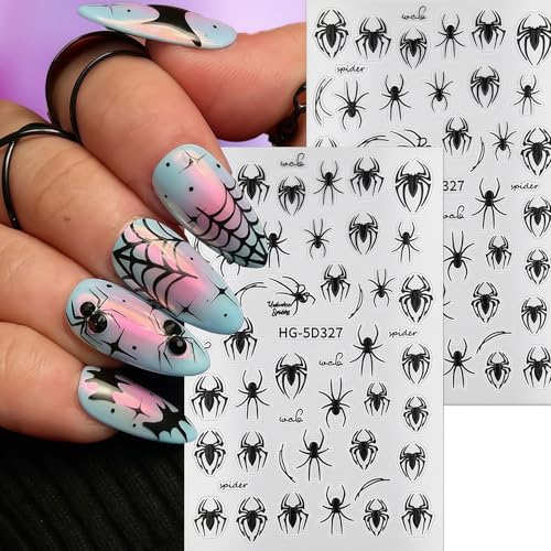 Cute Halloween Spider Nail Art Stickers 8 Sheets Self-Adhesive Black & White Spider Web Decals for Manicure DIY