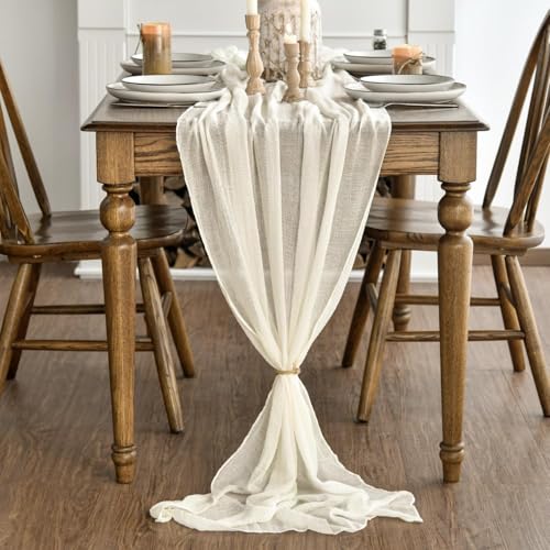 120 Inch 3-Piece Boho Beige Gauze Wedding Table Runner Set - Durable Fabric for Home & Party Decor