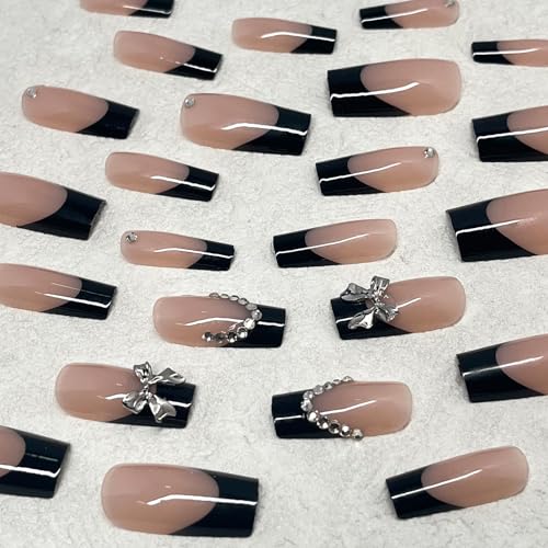 Black French Press On Nails Set with Silver Bow Charms & Rhinestones - Medium Square 24Pcs