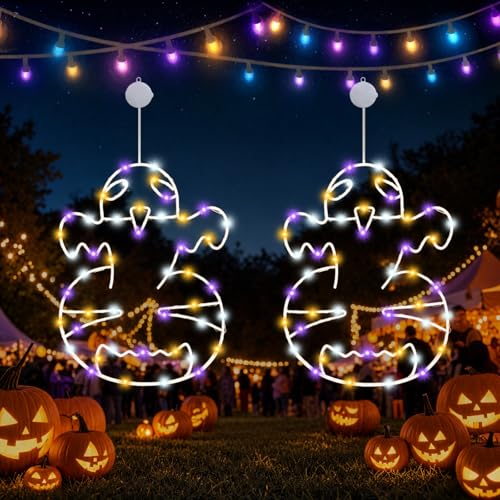 Halloween Ghost Window Lights Set - Orange, White & Purple Lights with Timer & Suction Cups - Spooky Decor for Home & Party