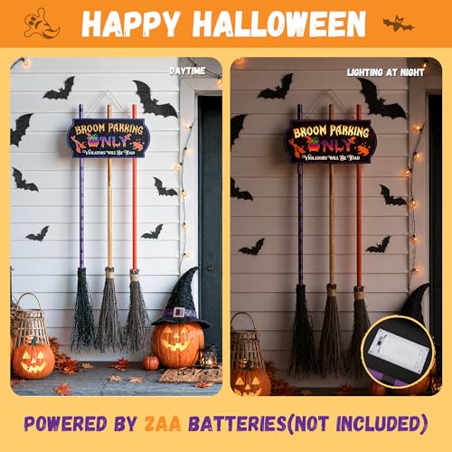 Halloween Light-Up Broom Parking Sign with 3 Witch Brooms - Indoor & Outdoor Decor