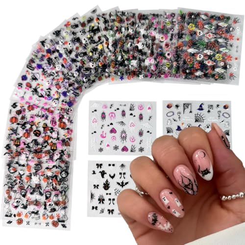 Halloween Nail Art Stickers - 30 Sheets Ghost Pumpkin Bat Cat Skull 3D Decals with Style-24