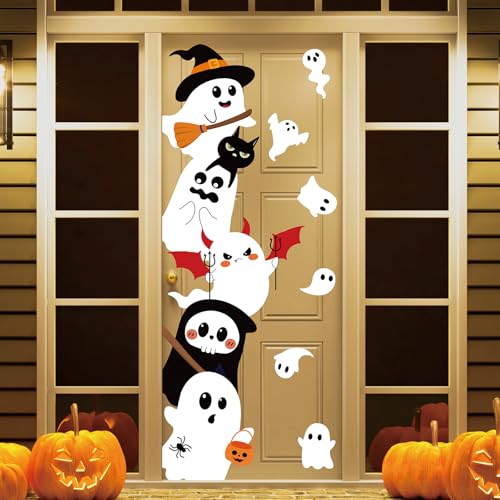 Ghost Halloween Door Stickers - Cute Ghost Wall Decals for Indoor Outdoor Decoration, 35.4 x 11.8 Inches, 2 Sheets