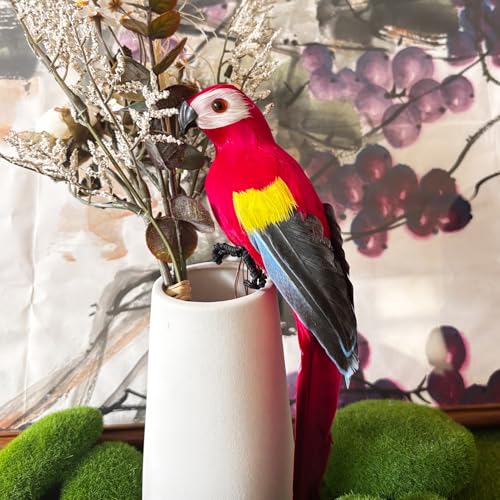 Artificial Parrot Shoulder Bird - Foam Feather Lifelike Hanging Decor - Red 25cm
