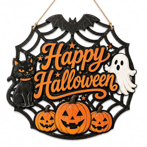 Halloween Door Sign - Wooden Spider Web Welcome Hanger with Ghost, Black Cat & Pumpkins - Farmhouse Fall Decor - Happy Halloween Variation