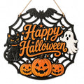 Halloween Door Sign - Wooden Spider Web Welcome Hanger with Ghost, Black Cat & Pumpkins - Farmhouse Fall Decor - Happy Halloween Variation