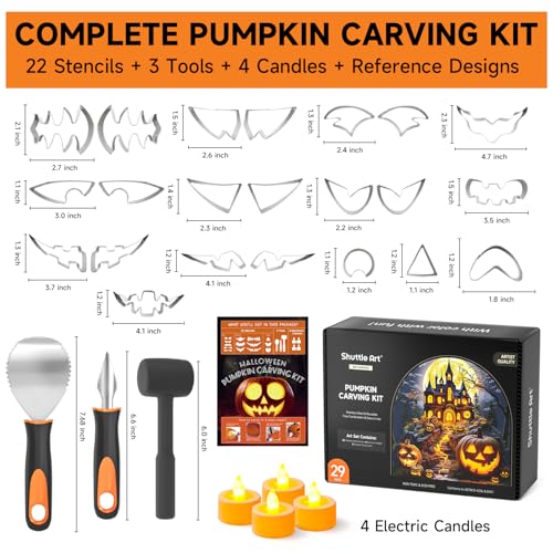 Pumpkin Carving Kit with Stencils, Electronic Candles & Tools for Halloween