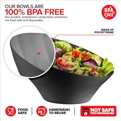 54oz Black Plastic Serving Bowls - Disposable Snack & Salad Dishes 4 Pack