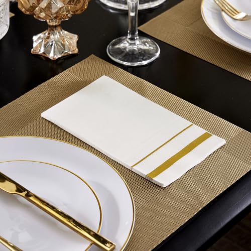 400 Pack Gold Trim Disposable Paper Dinner Napkins - Elegant White 3-Ply